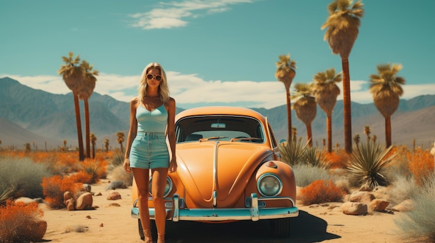 blonde hippie woman with retro car and palm trees professional photography Generative Ai
