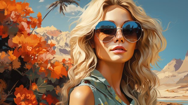 Blonde hippie woman with retro car and palm trees professional photography generative ai