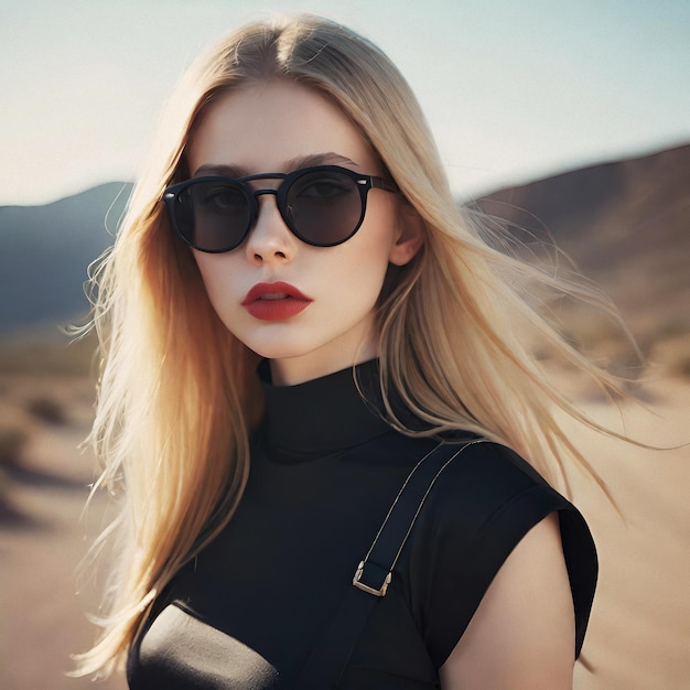 Blonde jonge schoonheid portret lang haar met make-up polaroid foto stijl schoonheid reclame
