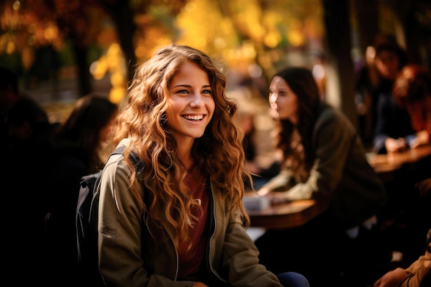 Blonde jonge student met rugzak over haar schouders.