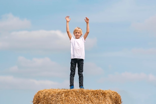 Blonde jongen met handen omhoog op blauwe hemelachtergrond Leuke schooljongen blijft op grote hooiberg in veld Verticaal frame