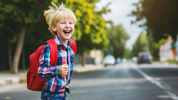 ブロンドの子供が幸せに通りに通って学校に行く