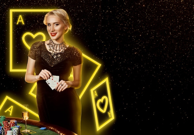 Blonde lady in black dress, jewelry. showing two aces, smiling,\
posing at table with stacks of chips and champagne on it. black\
background with neon playing cards. gambling, poker, casino.\
close-up