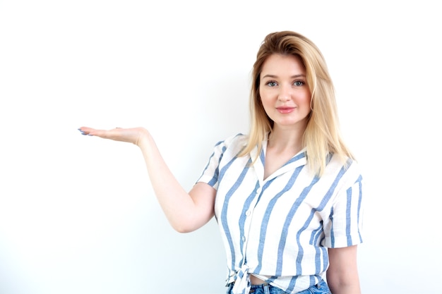 Blonde lady in casual striped shirt