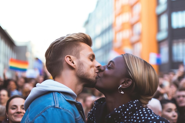 Blonde man and Afrodescendant woman couple kissing at the Gay Pride Day march on June 28th LGBTQ