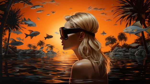 Blonde in a mask swims in the sea