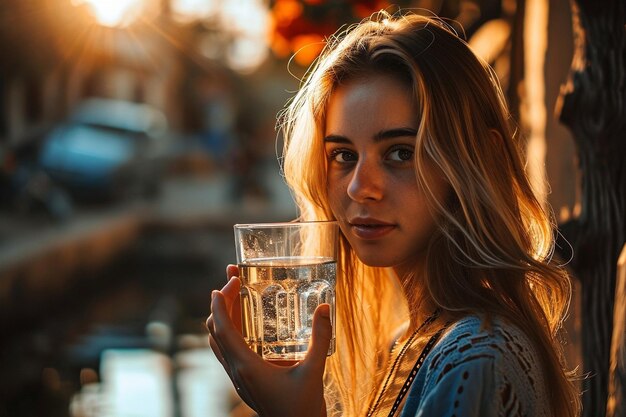 Blonde meisje met een potje en een glas water.