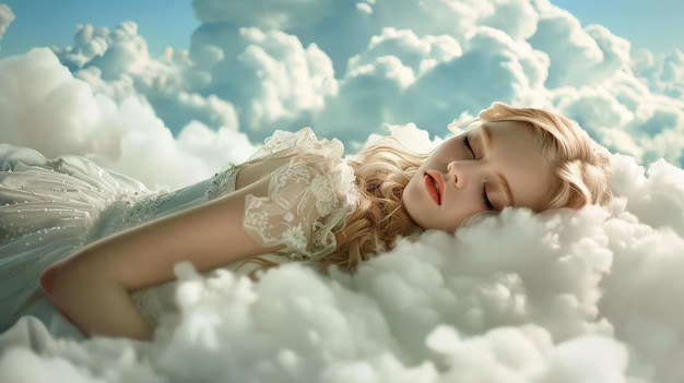 Blonde meisje slaapt op een wolk.