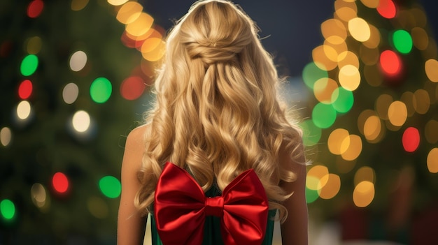 Blonde met haar rug bij de kerstboom.