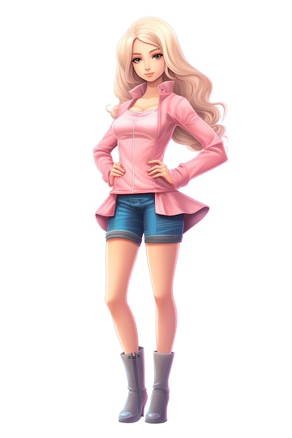 Blonde model drawing cartoon standing wearing shorts pink shirt and gray boots isolated