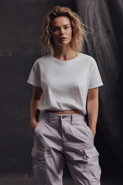 A blonde model wears a white top and a white t - shirt.