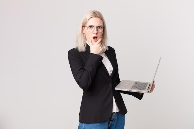 Blonde mooie vrouw met wijd open mond en ogen en hand op kin en met een laptop