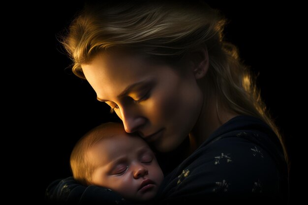 Blonde mother and newborn baby share a heartwarming moment in soft illuminated setting