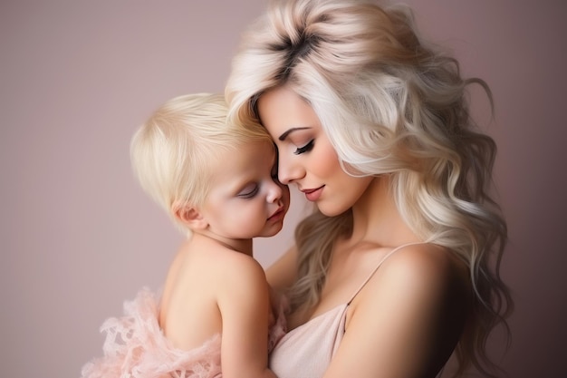 Blonde mother tenderly embracing her adorable newborn baby in heartwarming family moment