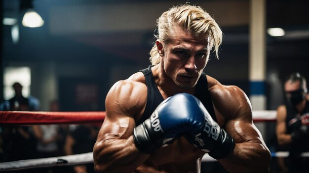 Blonde and muscular man rock balboa boxing with gloves in police clothes Real photography