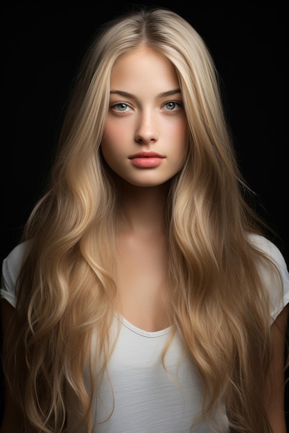 Blonde portrait of a super model with long hair and blue eyes