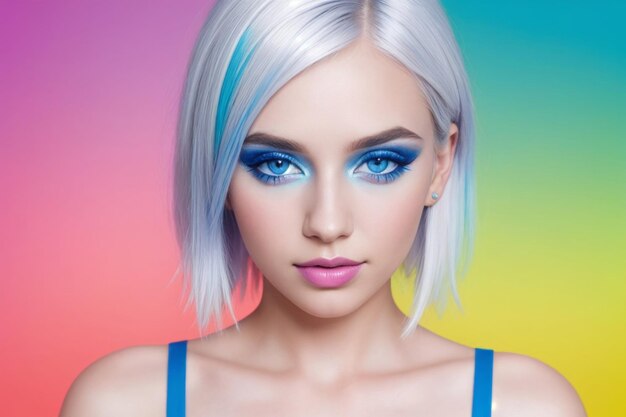 Blonde professioneel model met blauwe ogen met levendige make-up kleurrijke achtergrond cosmetisch conceptp