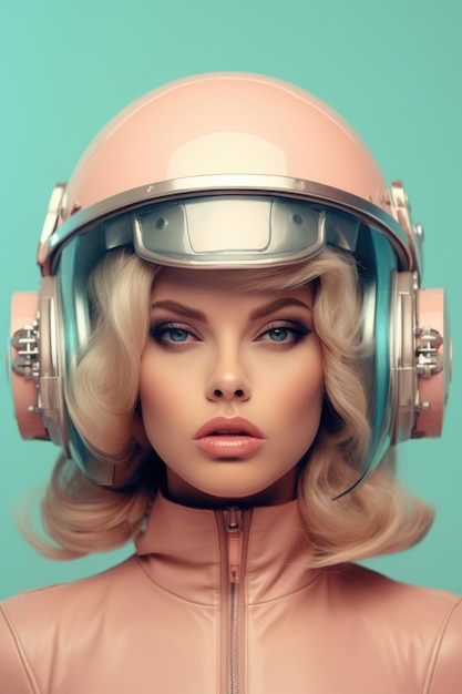 Blonde schoonheid portret in futuristische oranje retro helm op blauwe pastel achtergrond