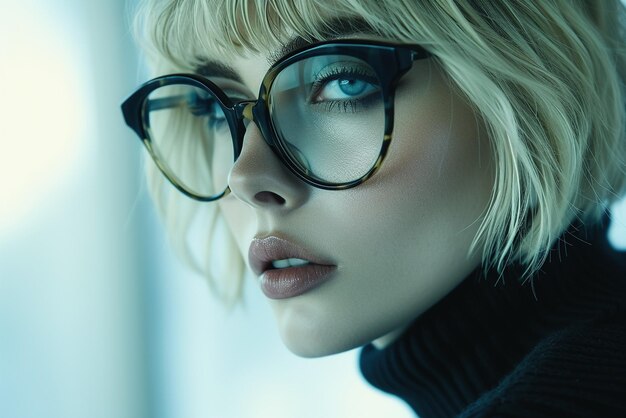 Photo blonde short black hair woman with a pair of eyeglasses