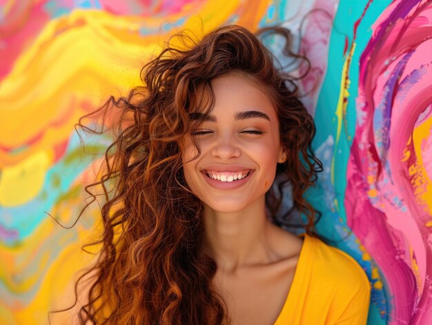 The blonde smiled at the camera with a colorful background