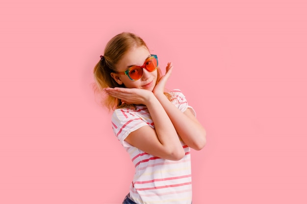 blonde teen girl in sparkle sunglasses smiling