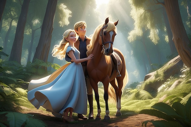 Blonde teenage boy and girl dressed in flowing dress sits on a horse autumn forest horse breeding