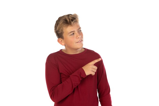 Photo blonde teenager boy with red tshirt