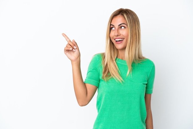 Blonde Uruguayan girl isolated on white background intending to realizes the solution while lifting a finger up