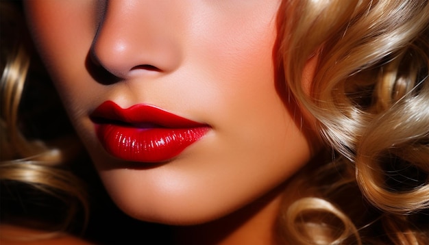 Blonde vrouw close-up op lippen met lippenstift of lipgloss Ruby rood Close-up portret kapsel styling