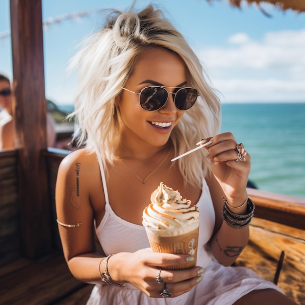 Blonde vrouw eet een vanille swirl cupcake op het strand op zomervakantie vakantie reis