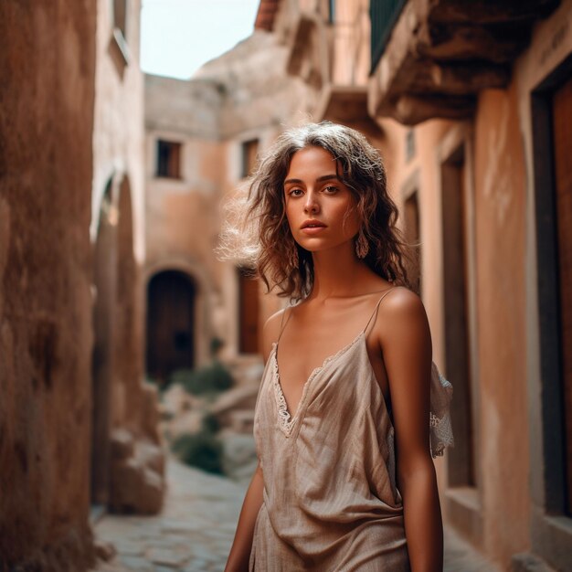 Blonde vrouw in zomerkleding die van de vakantie geniet.