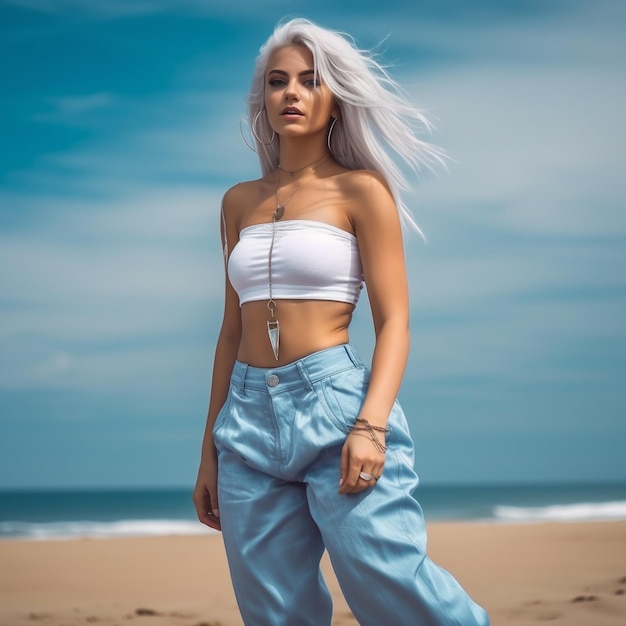 Blonde vrouw in zomerkleding die van de vakantie geniet.