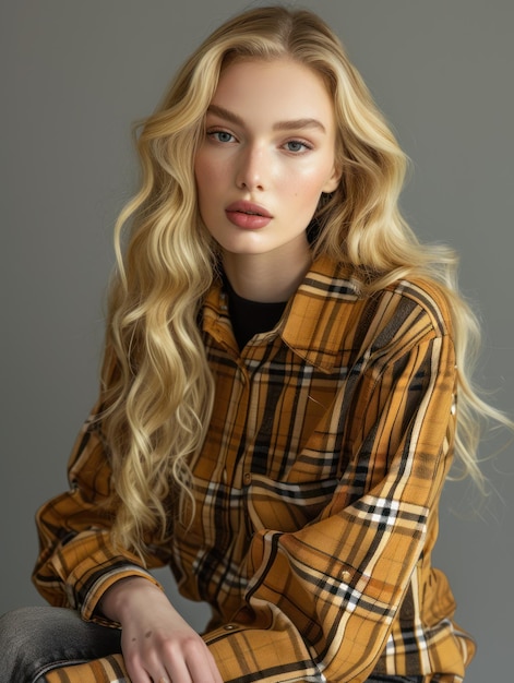 Blonde vrouw met een Burberry shirt.