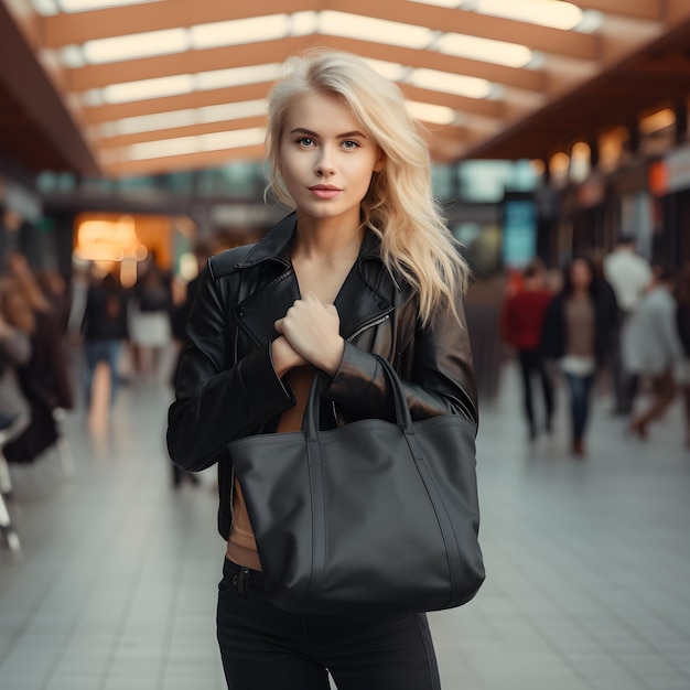 Blonde vrouw met een tas in openbare mensen op de achtergrond