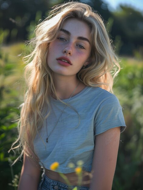 Foto blonde vrouw met t-shirt poseert in de tuin