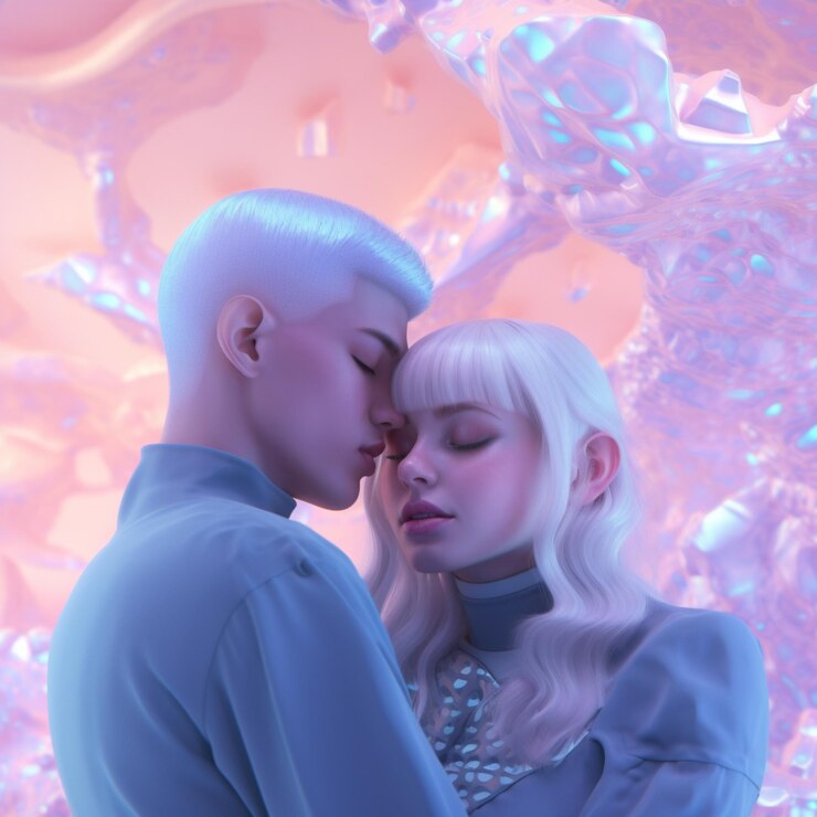 blonde vrouw met wit haar en blauw shirt die een man zoent