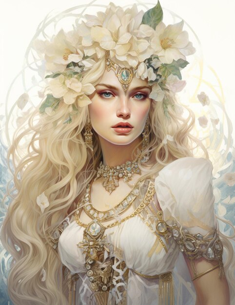 blonde vrouw met witte bloemen in haar haar en een witte jurk generatieve ai