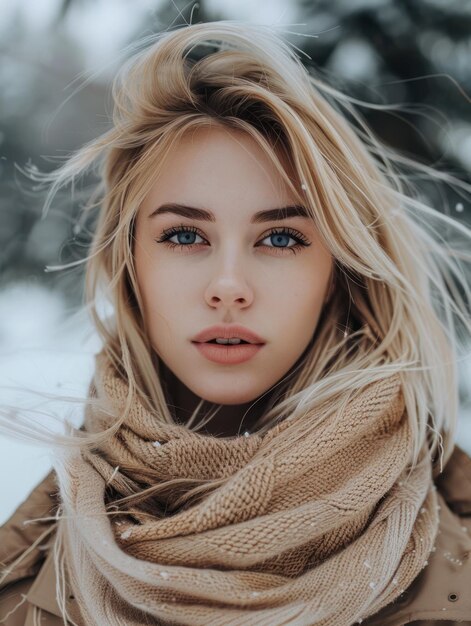 Blonde vrouw op een sneeuwberg.