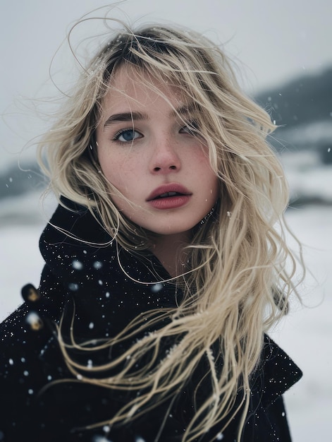 blonde vrouw op een sneeuwberg