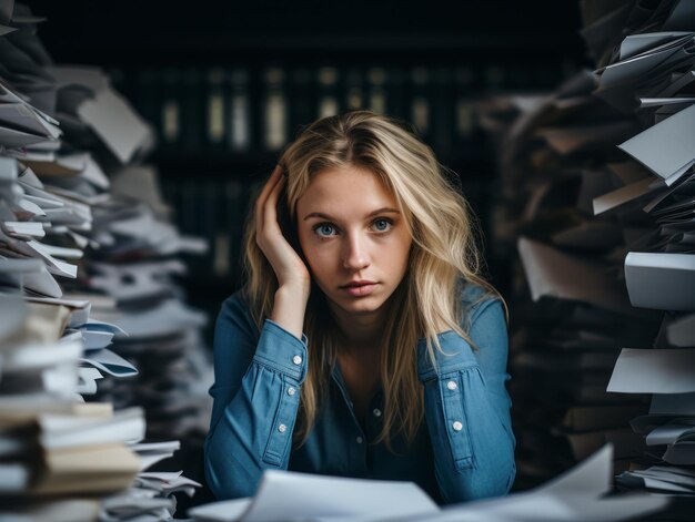 Foto blonde vrouw overweldigd door papierwerk in een zwak verlicht kantoor stress en werkconcept generatieve ai
