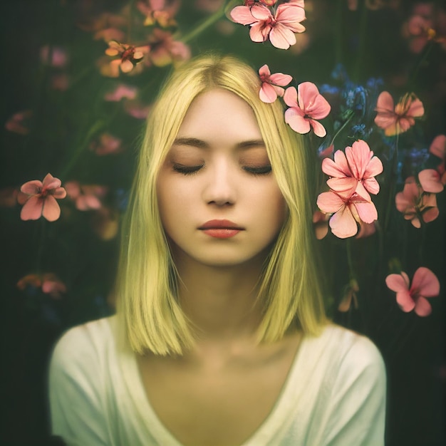 Blonde vrouw portret met gesloten ogen en bloemen op achtergrond 3D-rendering