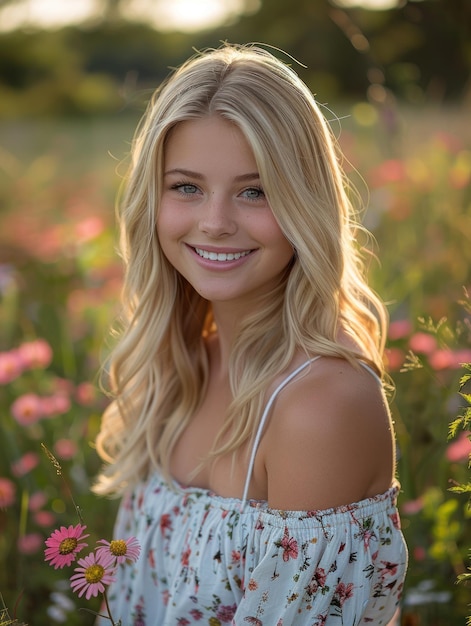 Foto blonde vrouw staat in een veld van bloemen