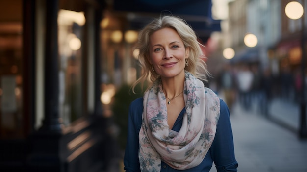 Blonde vrouw van 50 jaar met een mooie glimlach loopt op straat Portret Moderne volwassen succesvolle vrouw