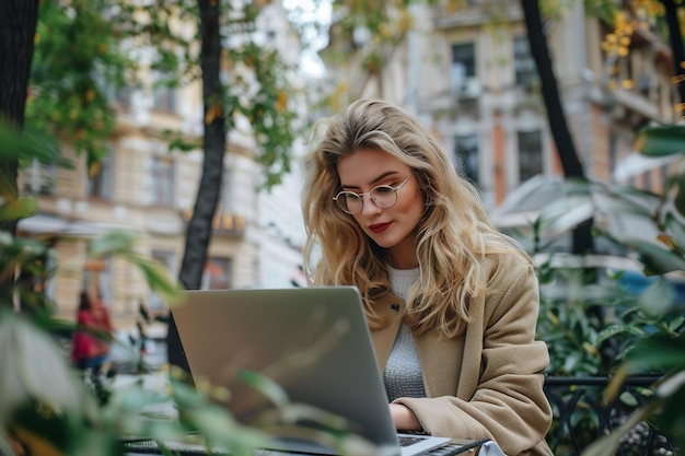 Foto blonde vrouw werkt aan een laptop in een stadspark.