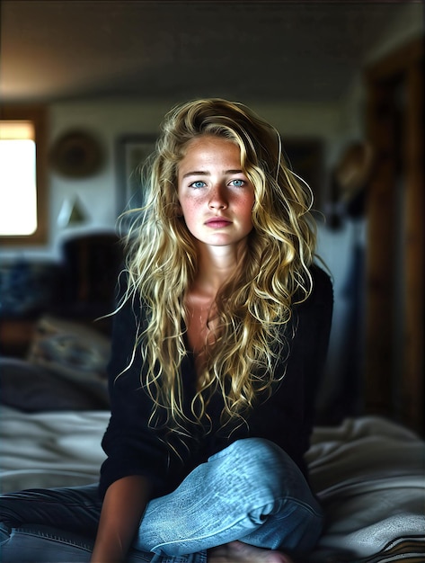 Foto blonde vrouw zit op een bed.