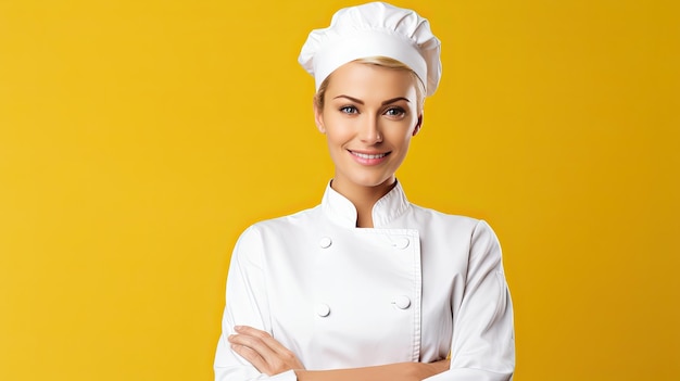 Blonde vrouwelijke chef-kok geïsoleerd op gele achtergrond glimlachen