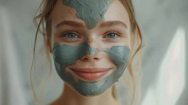 blonde with freckles applied face mask Natural beauty of young teenager Skin problems in adolescence