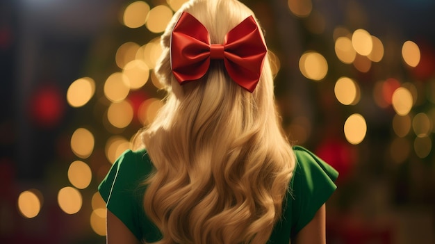 блондинка с спиной рядом с рождественской елкой
