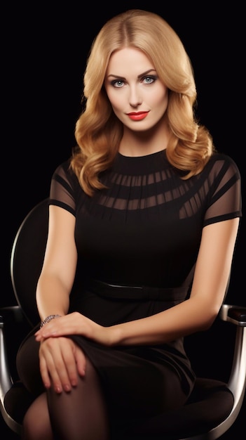 A blonde with red lipstick is sitting in a black chair