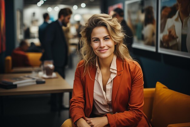 Photo a blonde woman of about 45 years old sitting waiting in the armchair of a bank insurance and credit